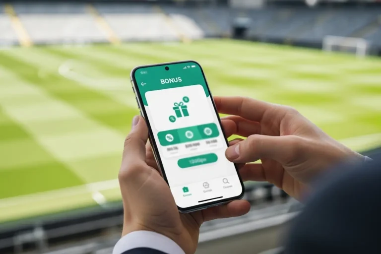 Wettbonus – Person prüft Bonusbedingungen auf Smartphone vor Fußballspiel