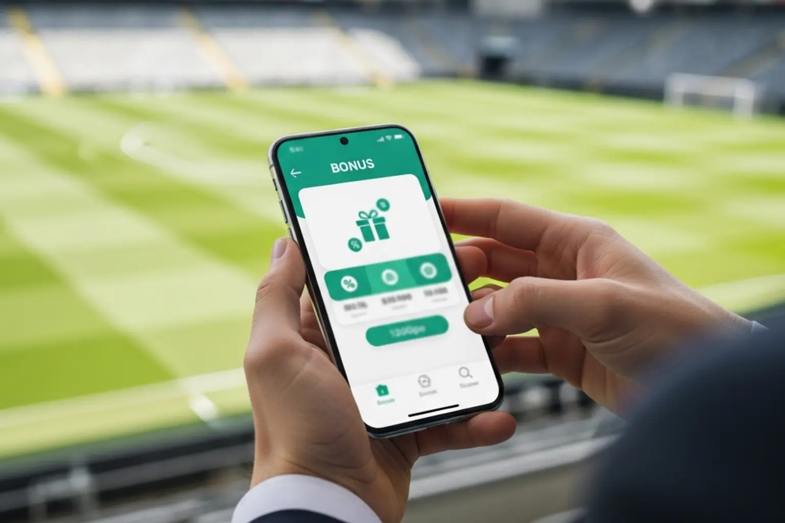 Wettbonus – Person prüft Bonusbedingungen auf Smartphone vor Fußballspiel