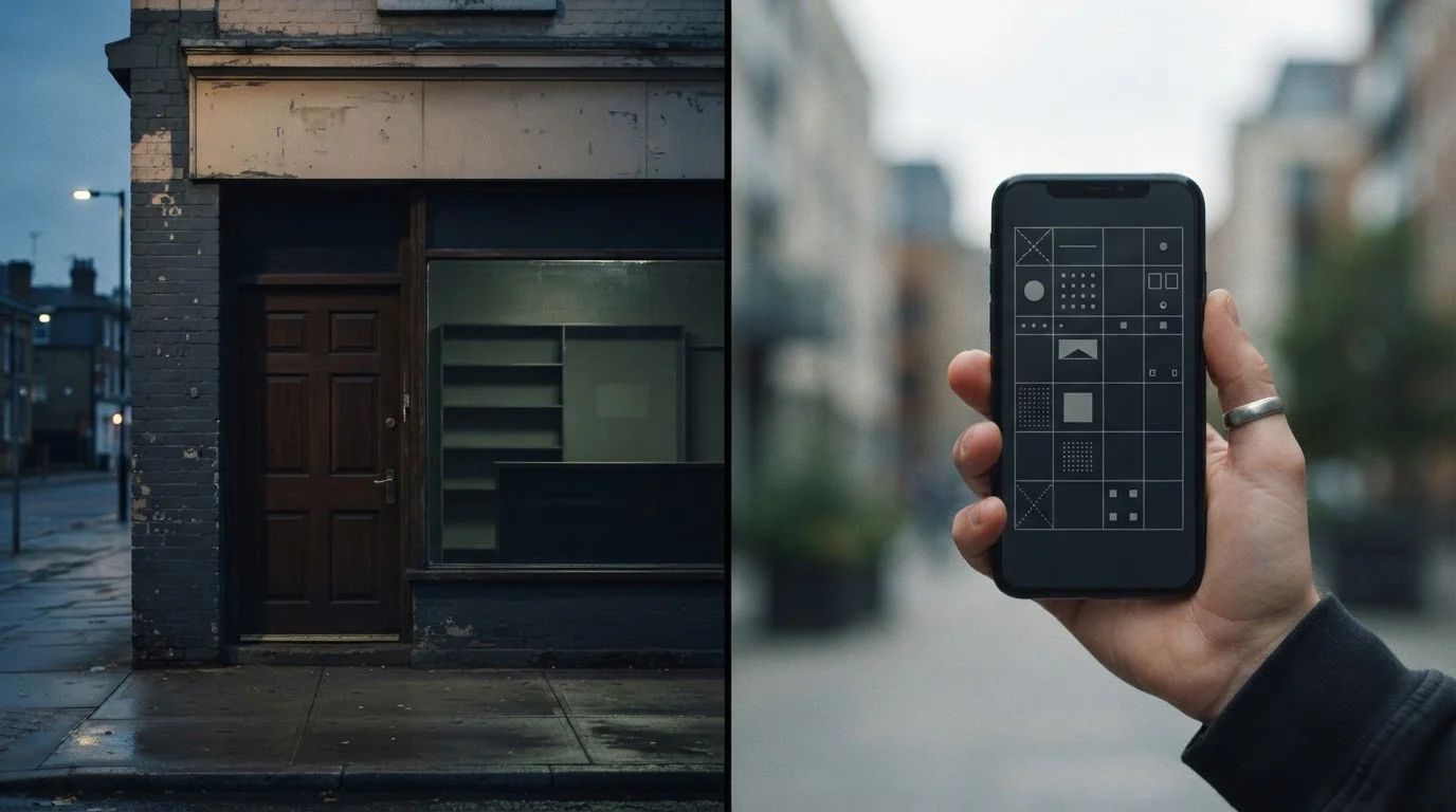 Kontrast zwischen klassischem Wettbüro-Schaufenster und moderner Online-Plattform auf Smartphone