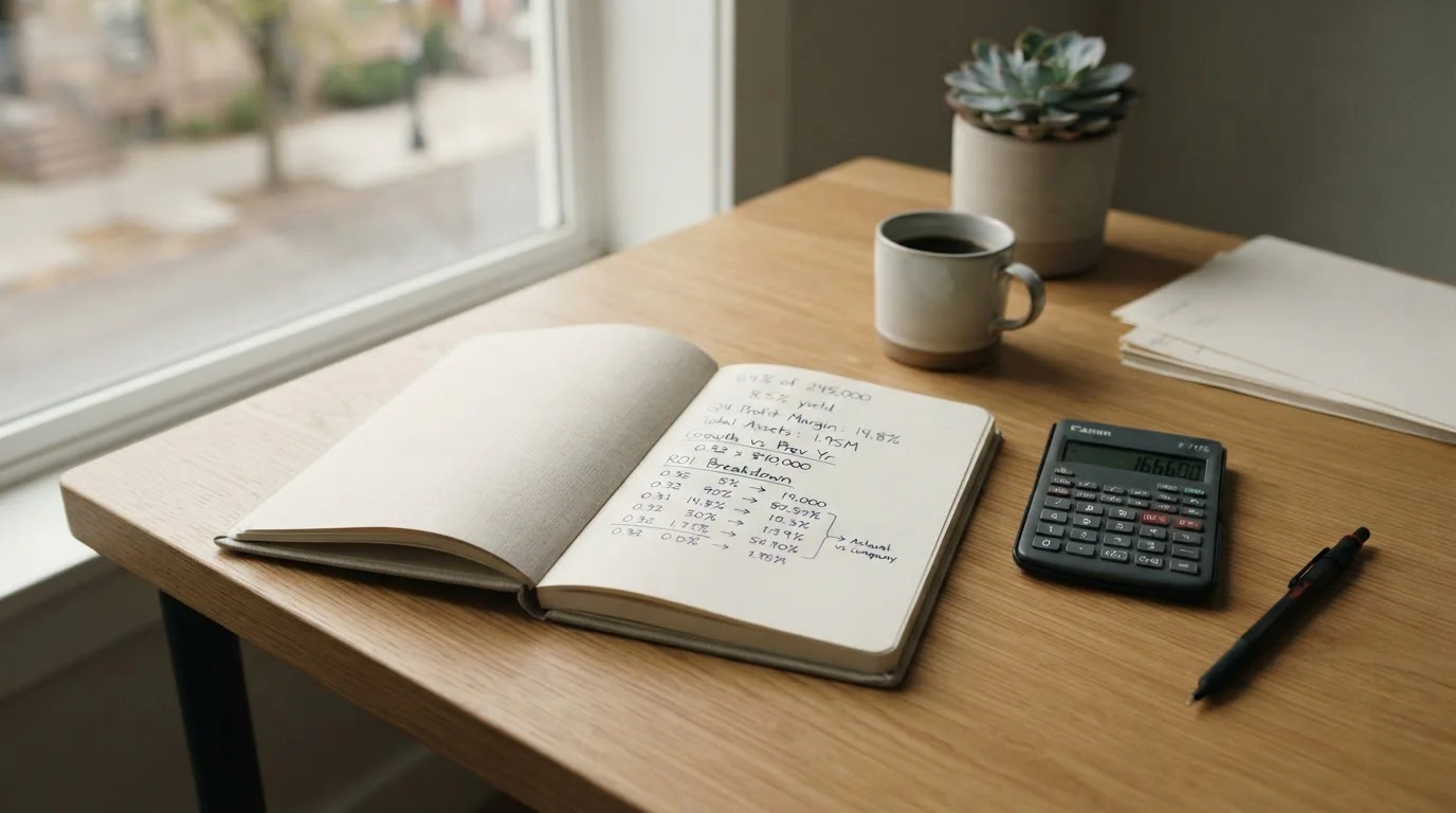 Taschenrechner und Notizen mit Quotenberechnungen auf einem Arbeitstisch