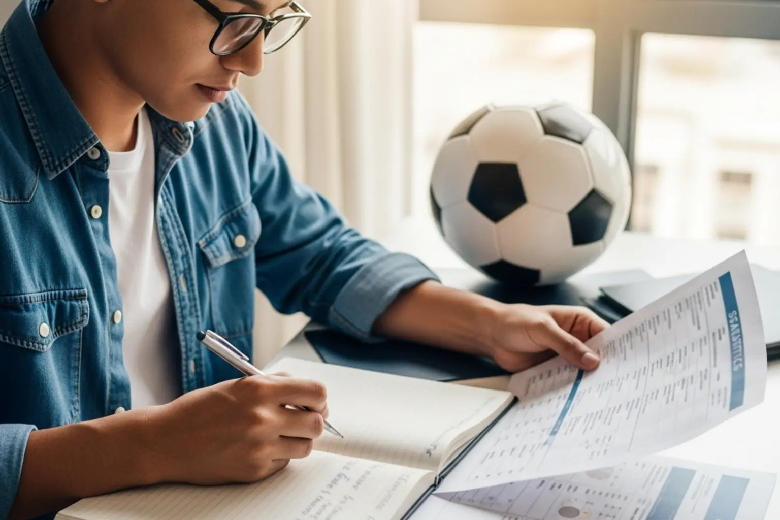 Anfänger studiert Fußballstatistiken mit Notizbuch