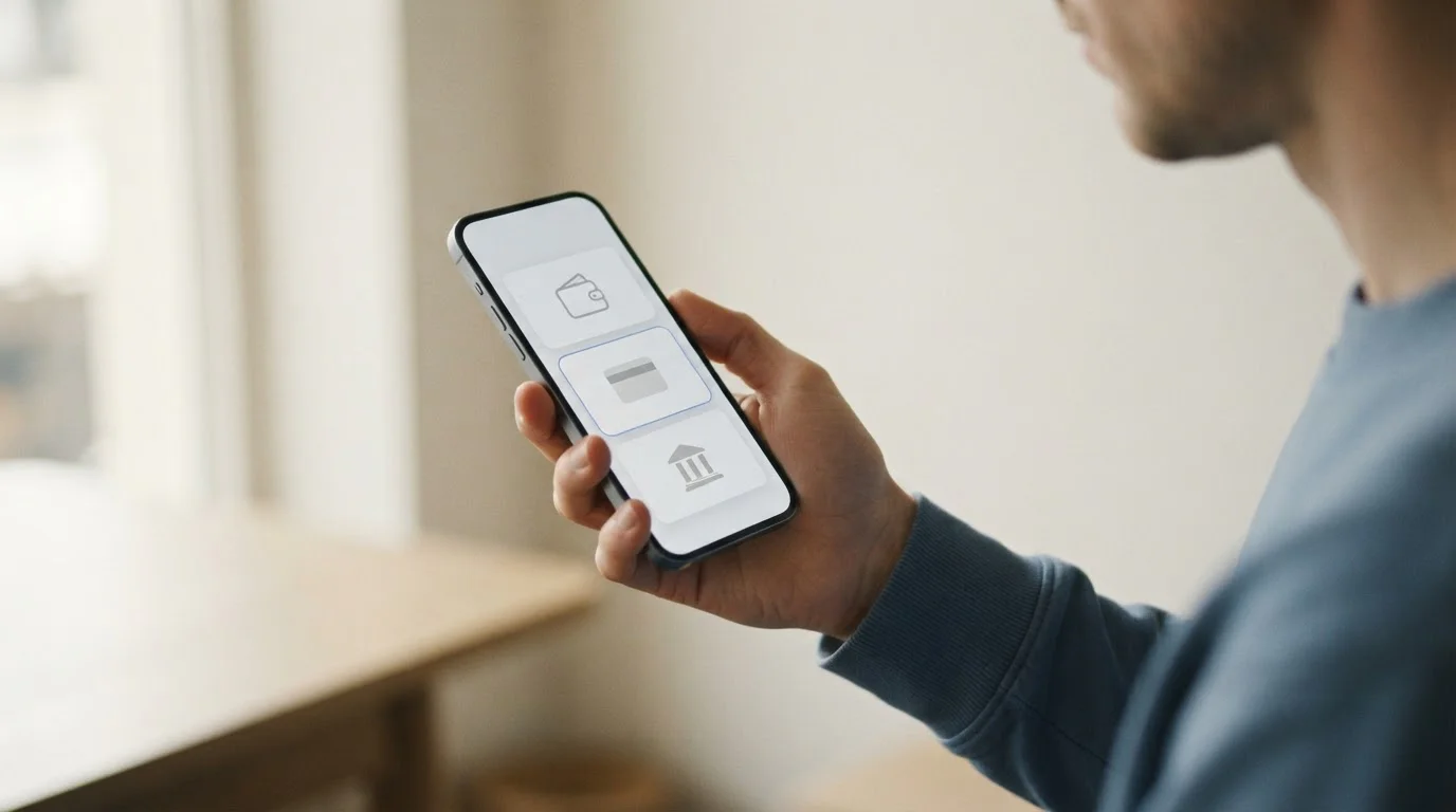 Smartphone zeigt abstrakte Auswahl verschiedener Zahlungsoptionen