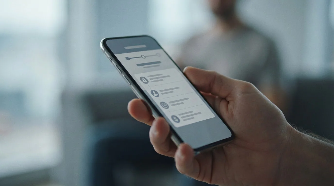 Hand hält Smartphone mit abstraktem Zahlungsablauf auf dem Display